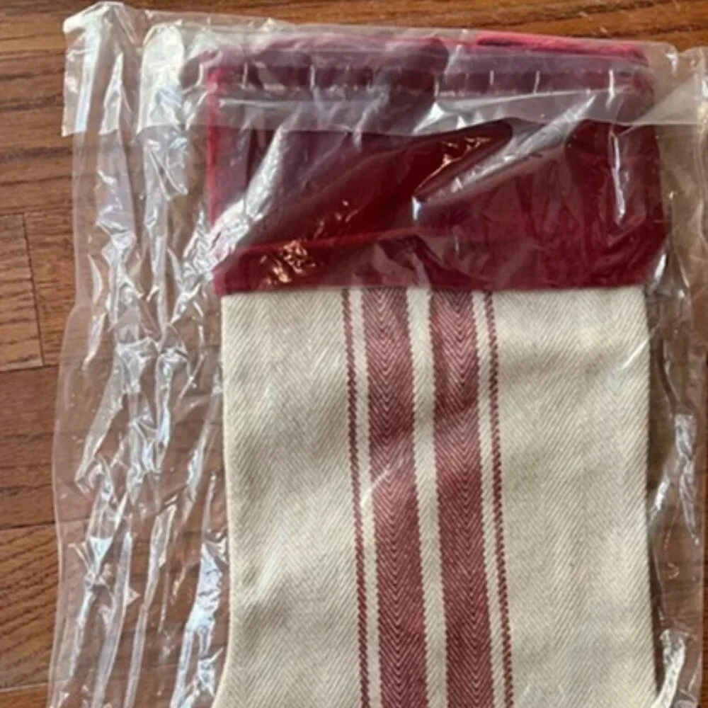NEW Pottery Barn Grain Sack Stripe Christmas Stocking Flax with Red Cuff Medium
